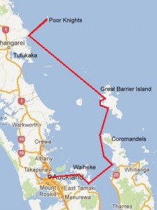 Våran seglade rutt från Auckland till Tutukaka via Waiheke, Coromandels och Great Barrier Island.